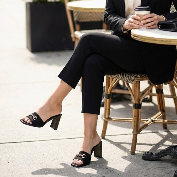 NWT Wild Diva Black Tweed Horsebit Slide Sandals Block Heel Mules Square Toe - Picture 4 of 6